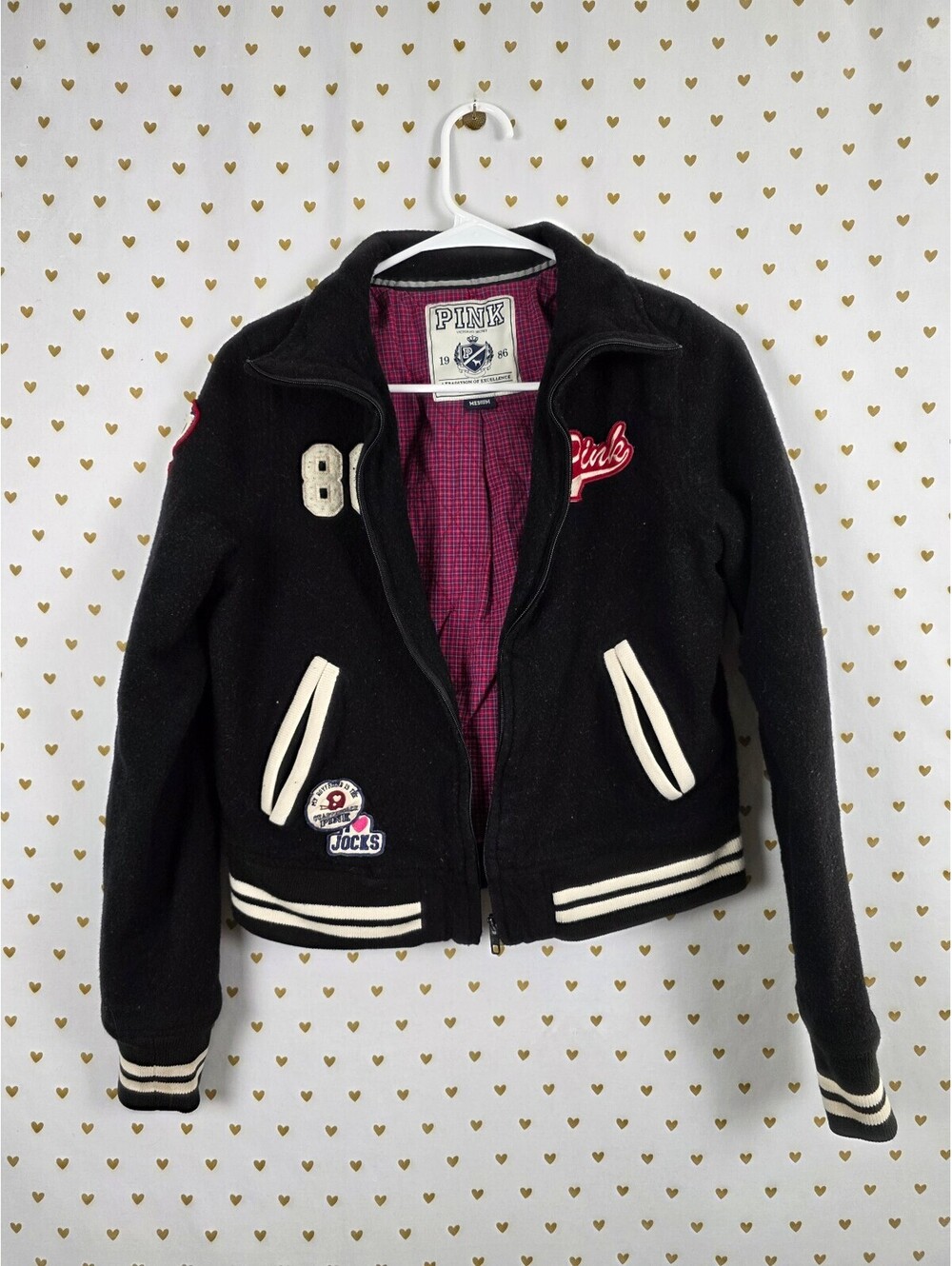 Vintage VS PINK Varsity Jacket M State Champs 1986 Dog Letterman Y2K